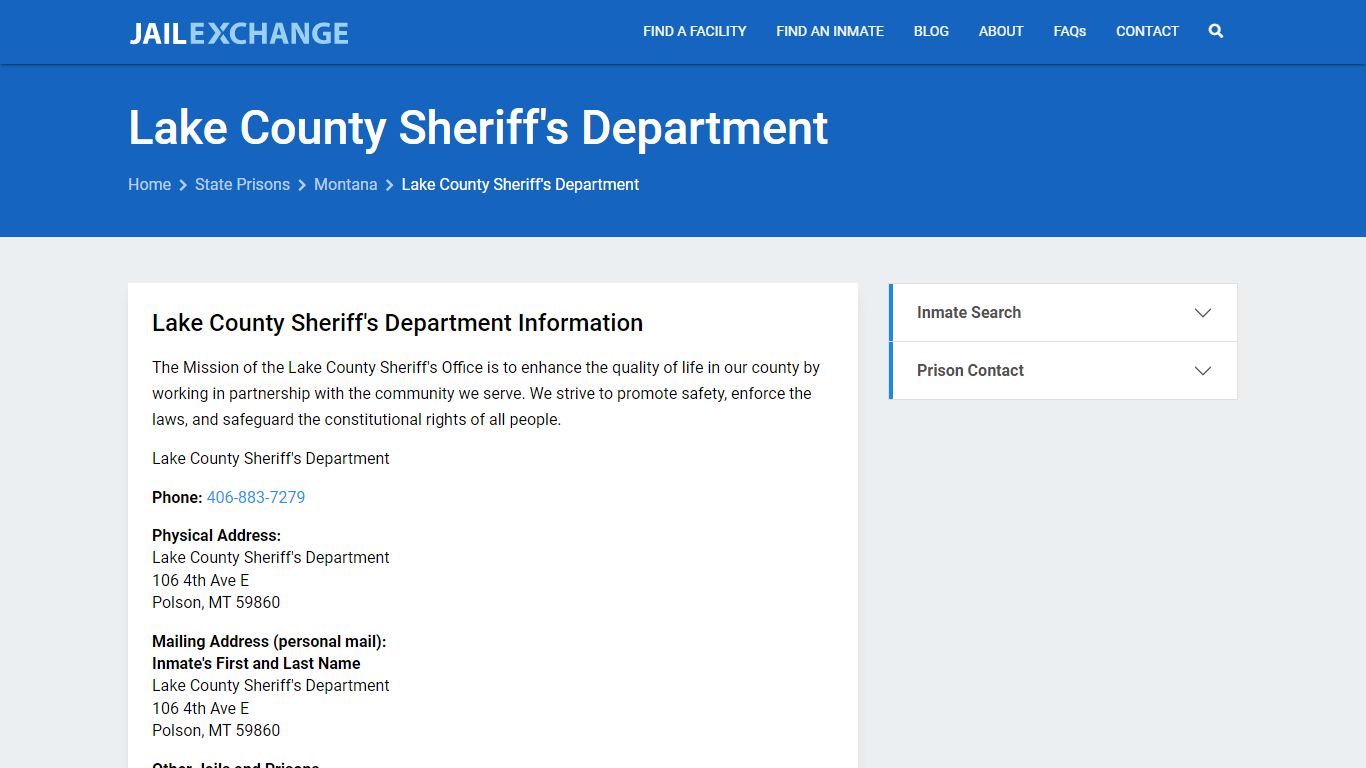 Lake County Sheriff's Department Inmate Search, MT - Jail Exchange